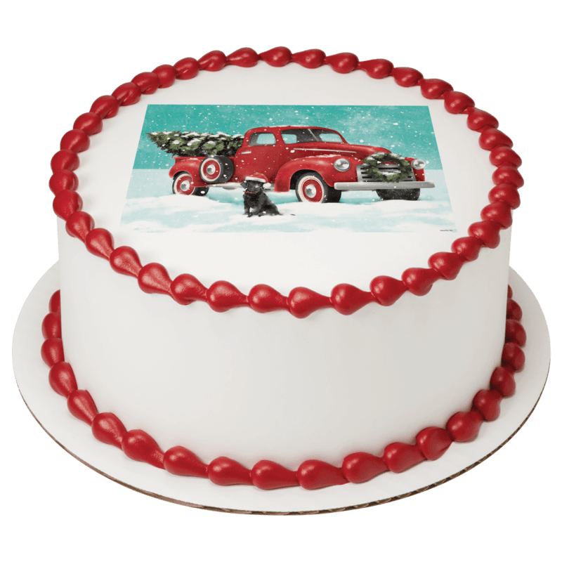 Classic Red Truck with Tree Cake